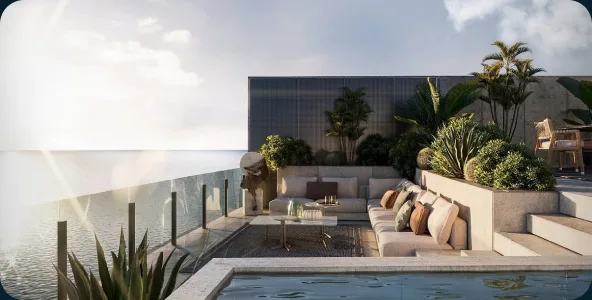 Rooftop pool and lounge terrace at a luxury development